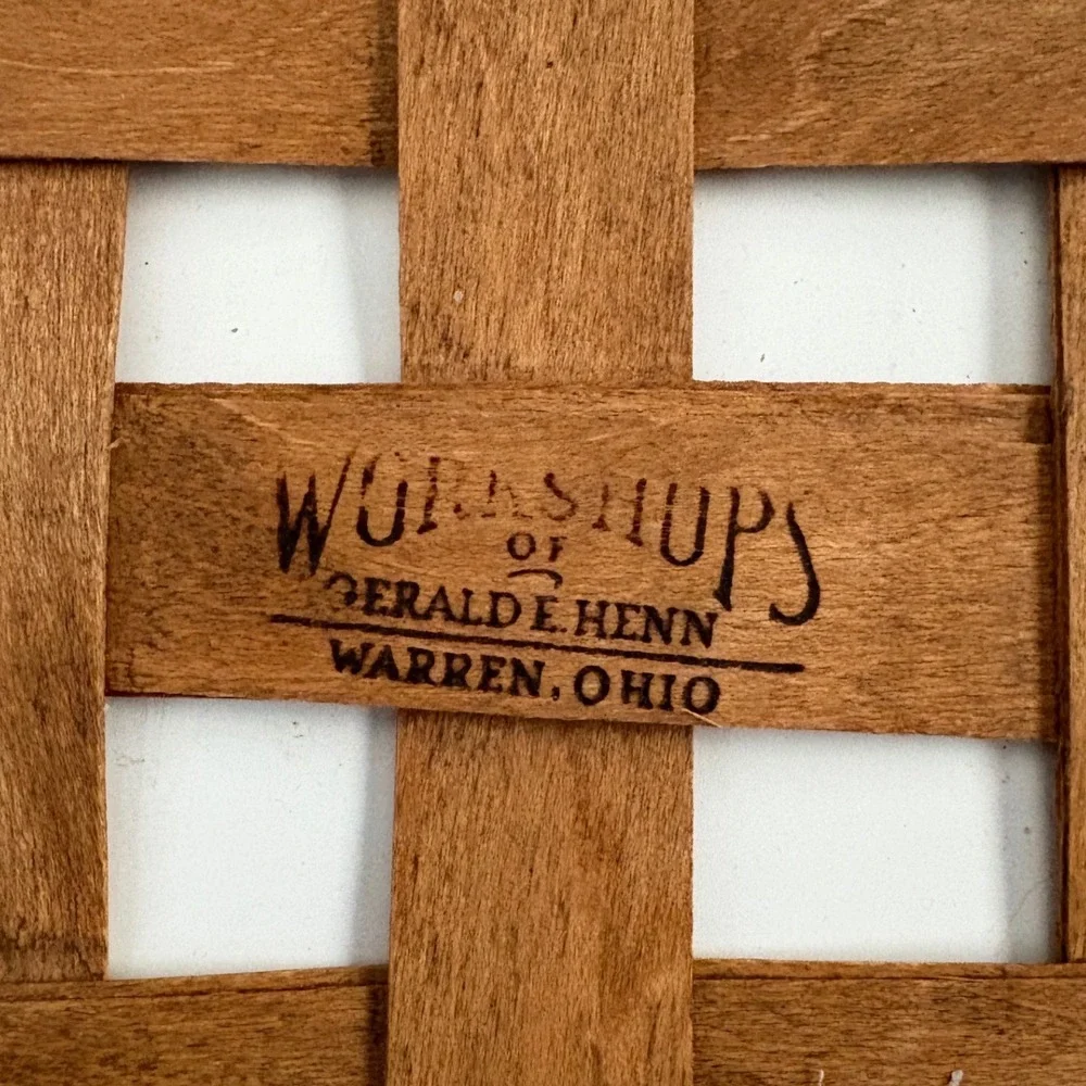 Workshops of Gerald E Henn Woven Wood Basket Leather Handles Rectangular Tray